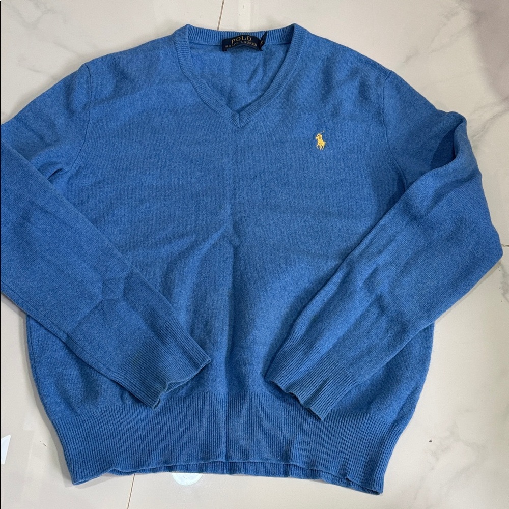Polo by Ralph Lauren Sky Blue V-Neck Sweater with Yellow Polo Logo